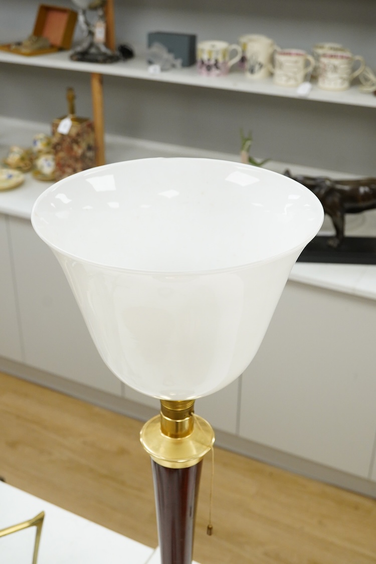 A vintage Mazda rosewood table lamp with opaque glass shade, 77cm high overall